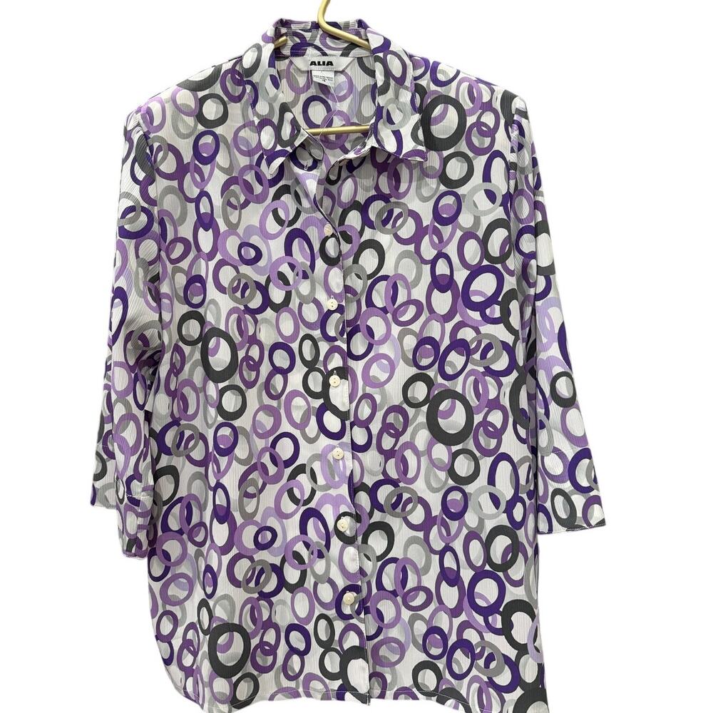 ✨ ALIA NWT White Purple Geometric Blouse M 3/4 Split Cuff Crepe Top 🍇